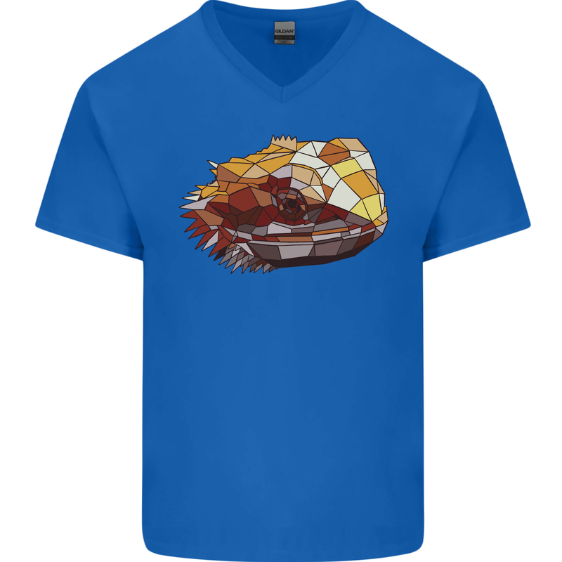 Polygonal Chameleon Mens V-Neck Cotton T-Shirt Royal Blue