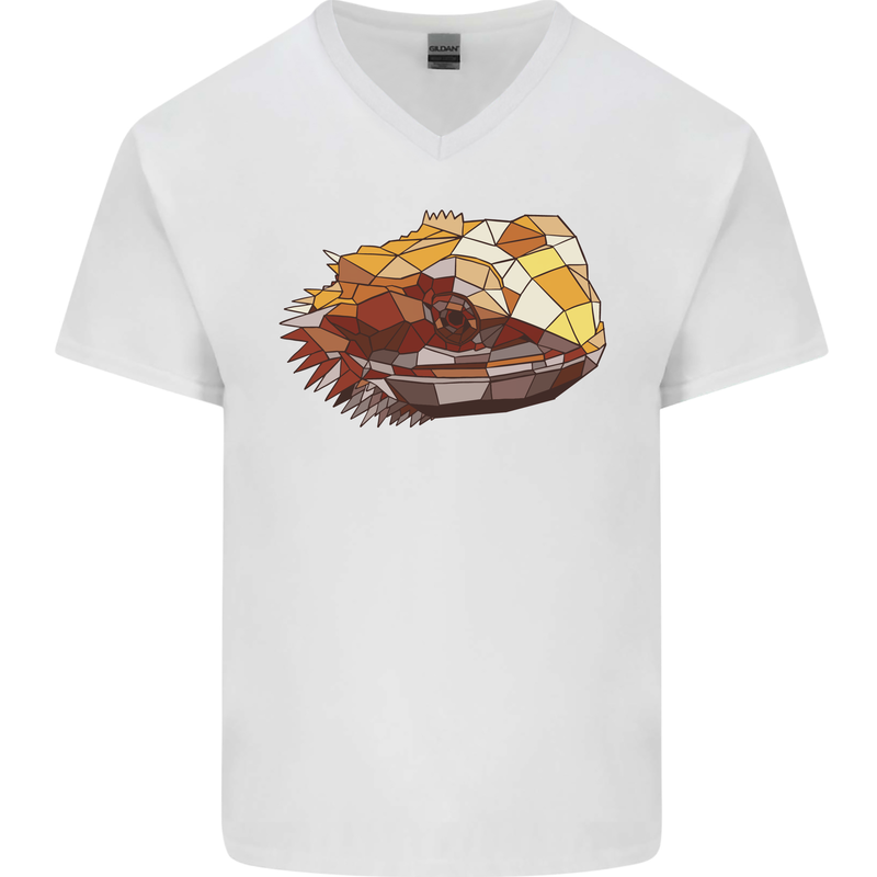Polygonal Chameleon Mens V-Neck Cotton T-Shirt White