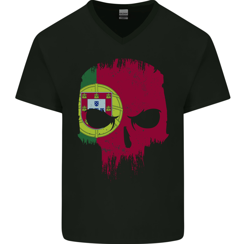Portugal Skull Flag Gym Flag Biker Mens V-Neck Cotton T-Shirt Black
