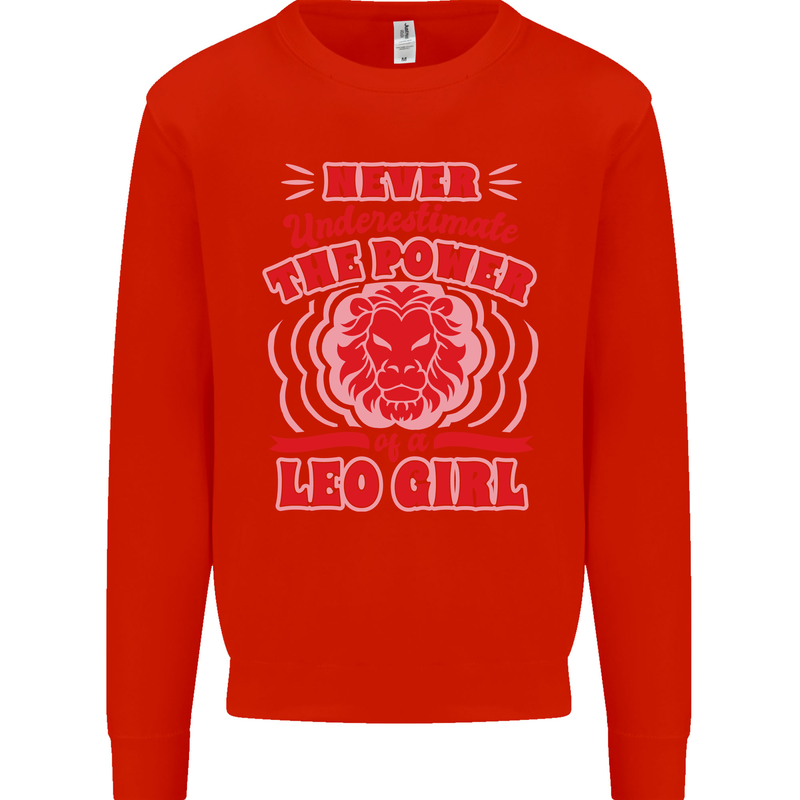 Power of Leo Girl Star Sign Zodiac Horoscope Kids Sweatshirt Jumper Bright Red