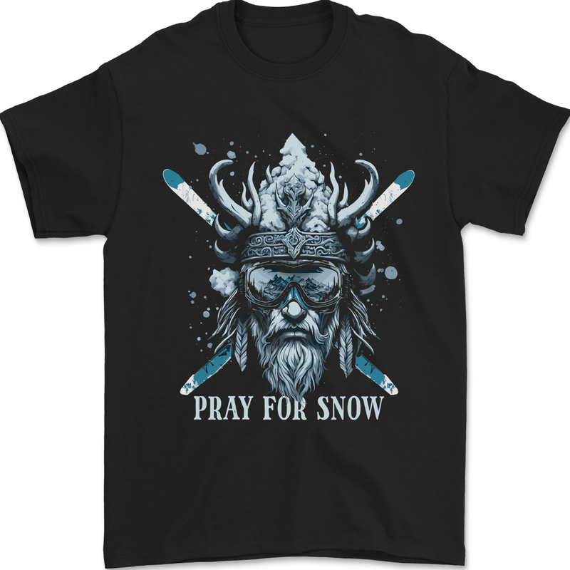 Pray For Snow Skiing Viking Ski Mens T-Shirt 100% Cotton Black