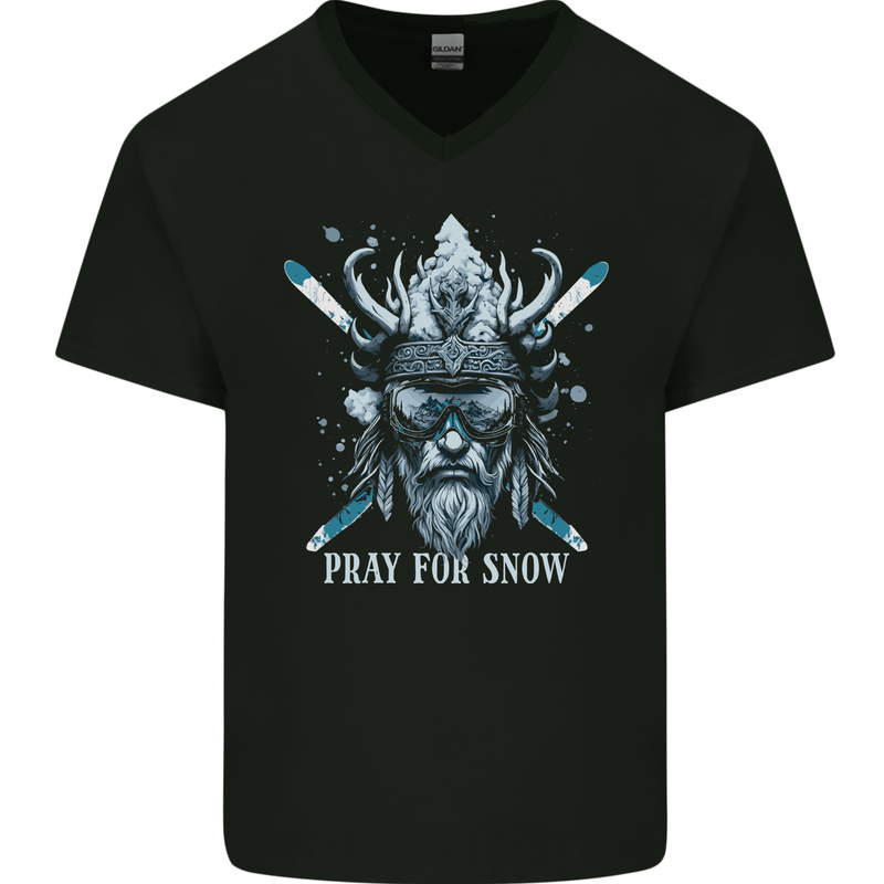 Pray For Snow Skiing Viking Ski Mens V-Neck Cotton T-Shirt Black
