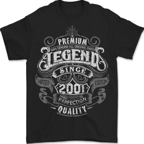 Premium Legend 22nd Birthday 2001 Mens T-Shirt 100% Cotton BLACK