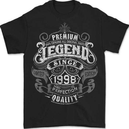 Premium Legend 25th Birthday 1998 Mens T-Shirt 100% Cotton BLACK