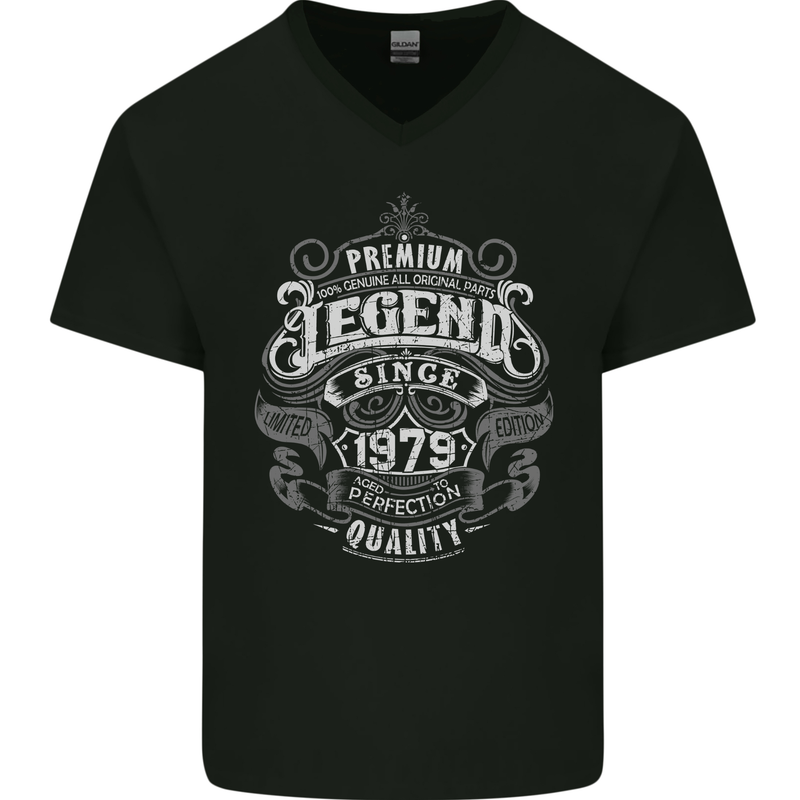 Premium Legend 44th Birthday 1979 Mens V-Neck Cotton T-Shirt Black