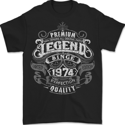 Premium Legend 49th Birthday 1974 Mens T-Shirt 100% Cotton BLACK