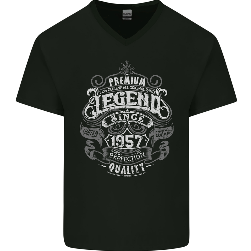 Premium Legend 66th Birthday 1957 Mens V-Neck Cotton T-Shirt Black