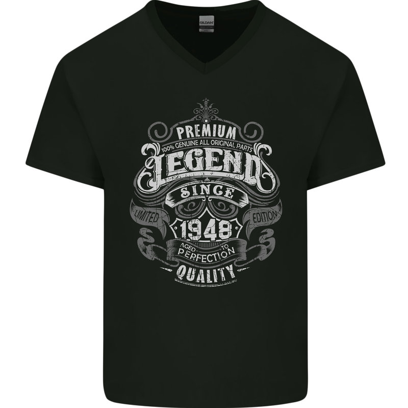 Premium Legend 75th Birthday 1948 Mens V-Neck Cotton T-Shirt Black
