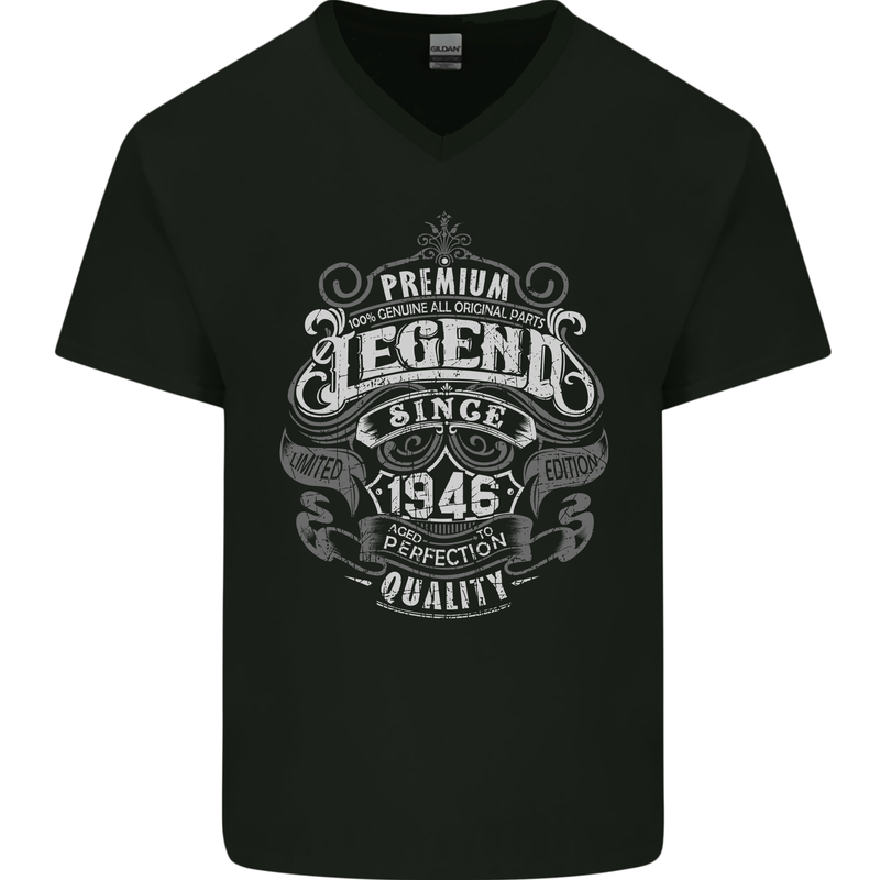Premium Legend 77th Birthday 1946 Mens V-Neck Cotton T-Shirt Black