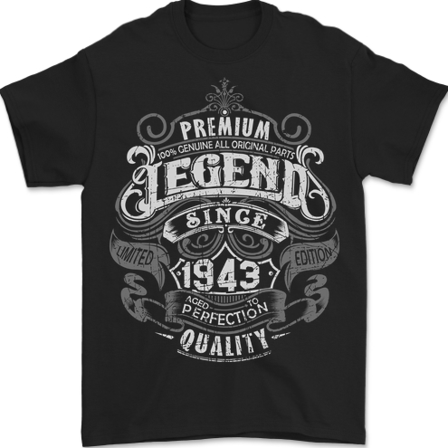 Premium Legend 80th Birthday 1943 Mens T-Shirt 100% Cotton BLACK