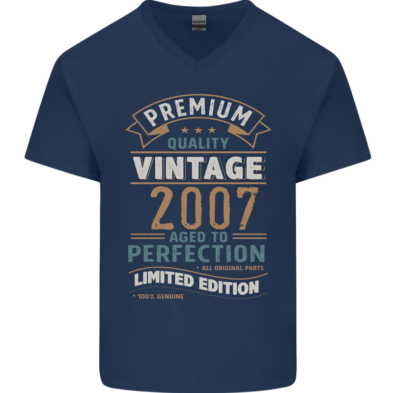 Premium Vintage 16th Birthday 2007 Mens V-Neck Cotton T-Shirt Navy Blue
