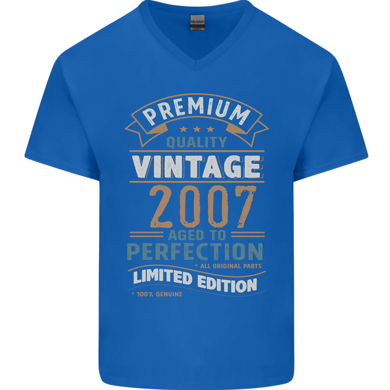 Premium Vintage 16th Birthday 2007 Mens V-Neck Cotton T-Shirt Royal Blue