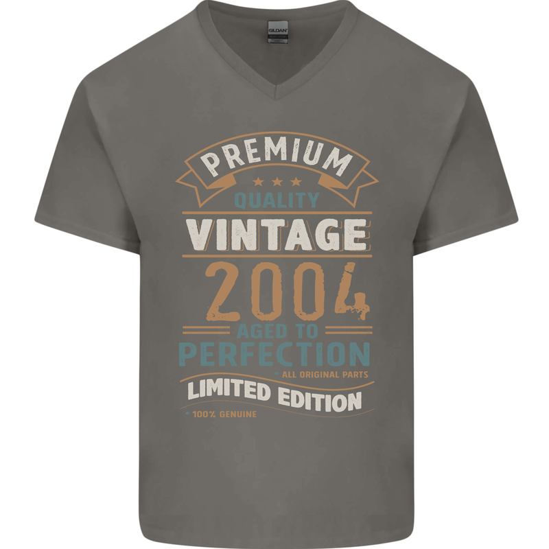 Premium Vintage 19th Birthday 2004 Mens V-Neck Cotton T-Shirt Charcoal