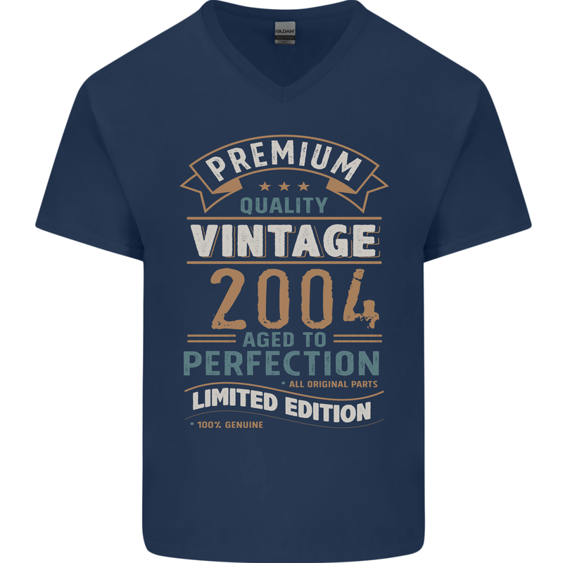 Premium Vintage 19th Birthday 2004 Mens V-Neck Cotton T-Shirt Navy Blue
