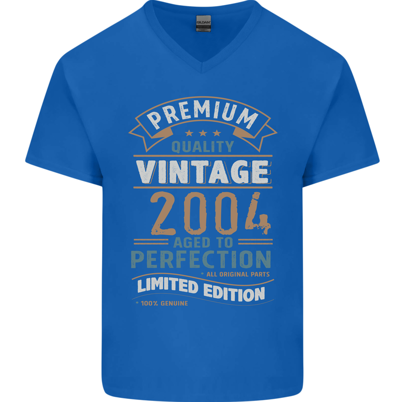 Premium Vintage 19th Birthday 2004 Mens V-Neck Cotton T-Shirt Royal Blue
