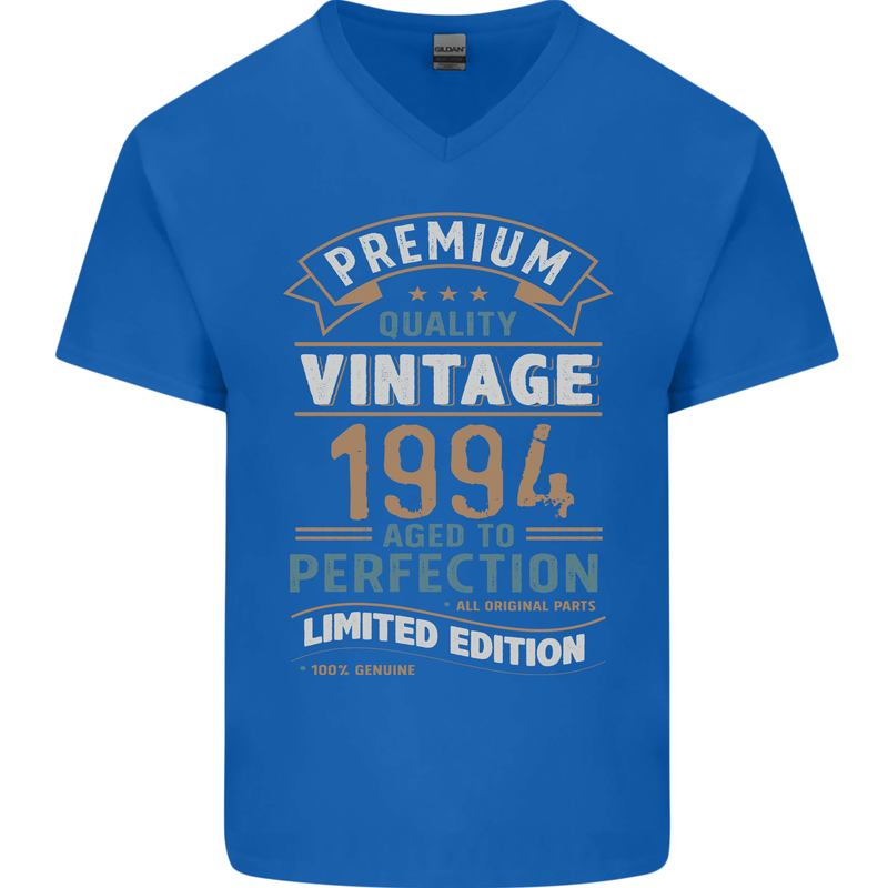 Premium Vintage 29th Birthday 1994 Mens V-Neck Cotton T-Shirt Royal Blue