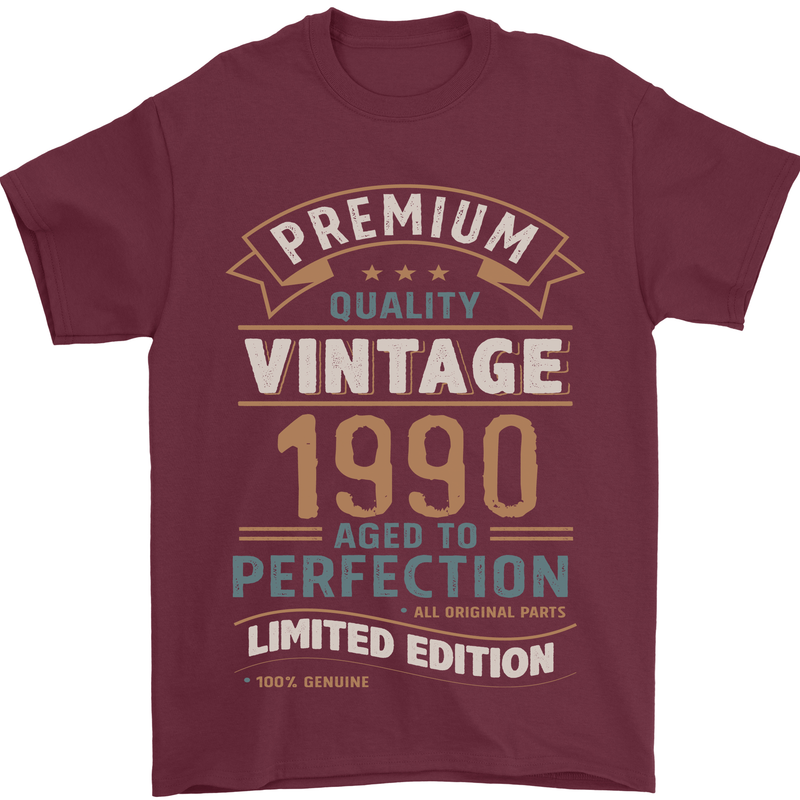 Premium Vintage 33rd Birthday 1990 Mens T-Shirt 100% Cotton Maroon