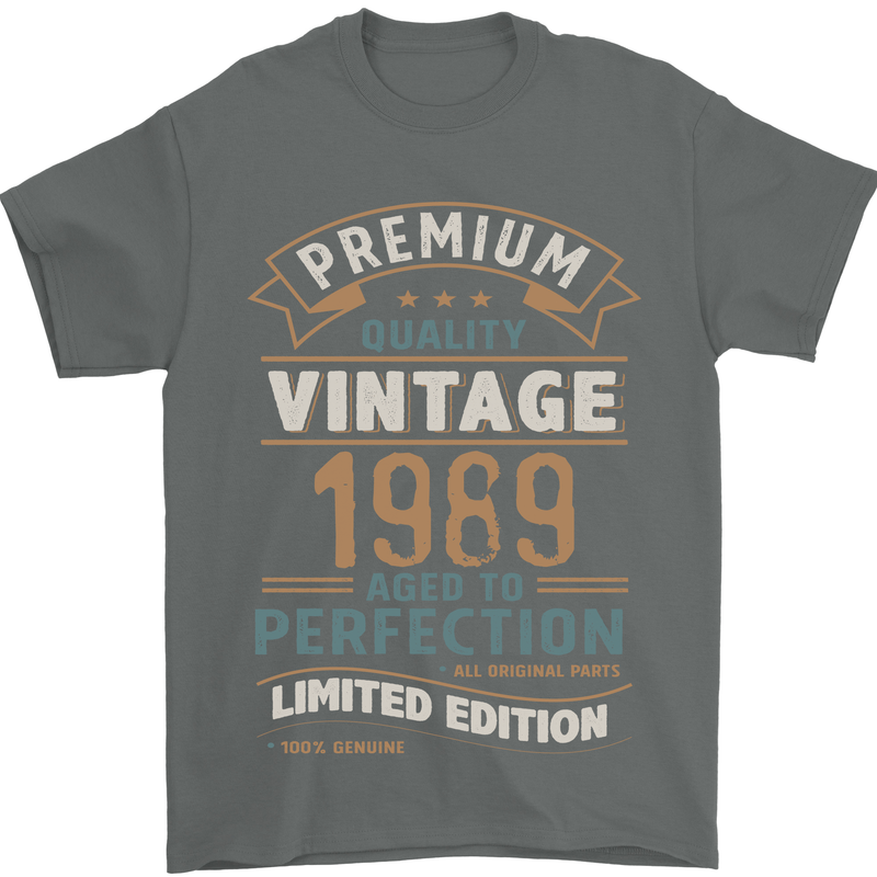 Premium Vintage 34th Birthday 1989 Mens T-Shirt 100% Cotton Charcoal
