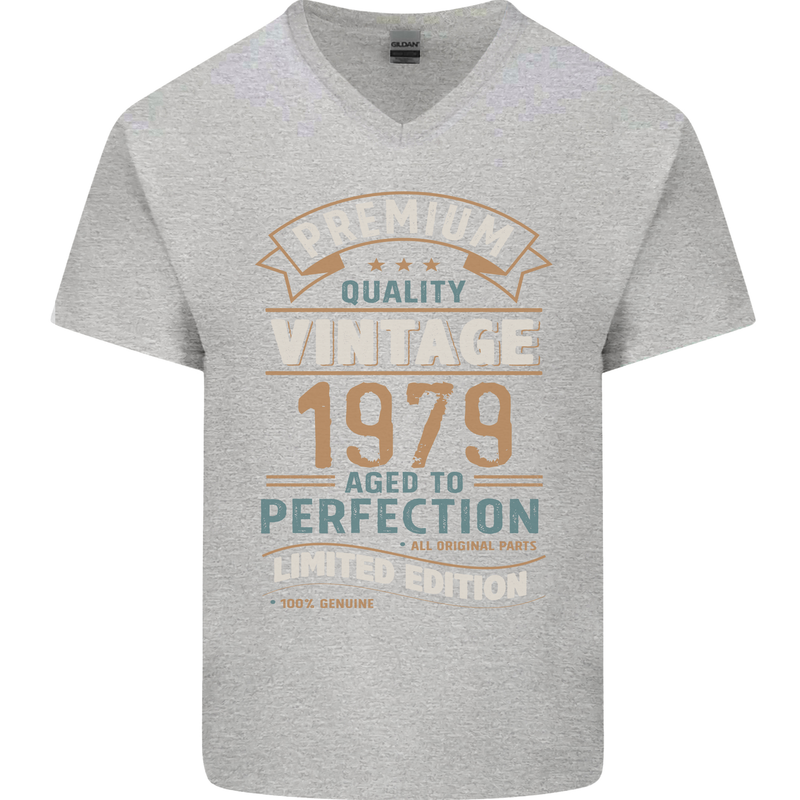 Premium Vintage 44th Birthday 1979 Mens V-Neck Cotton T-Shirt Sports Grey