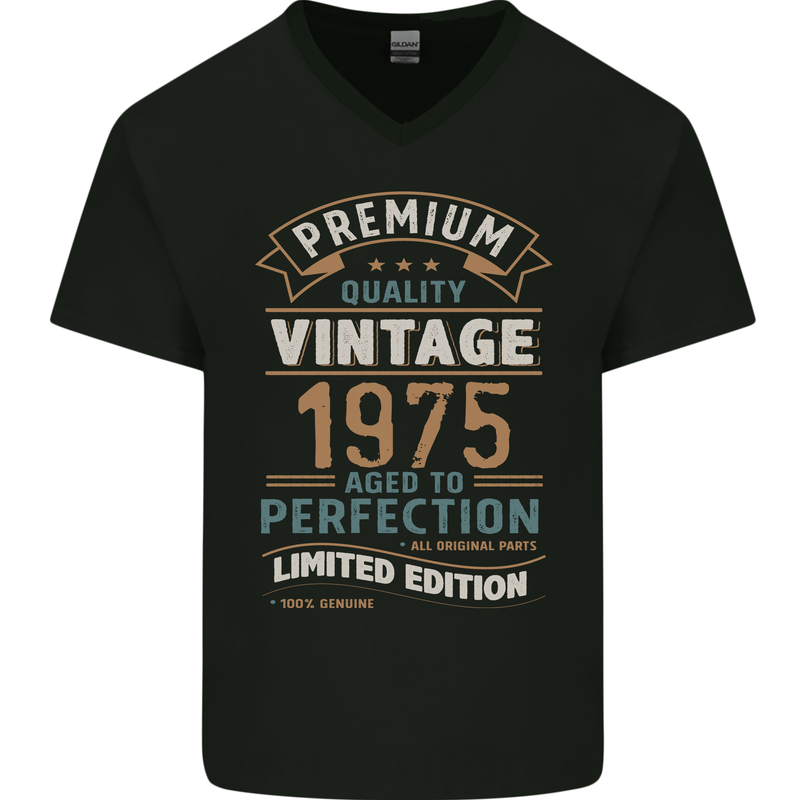 Premium Vintage 48th Birthday 1975 Mens V-Neck Cotton T-Shirt Black