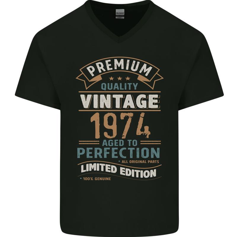 Premium Vintage 49th Birthday 1974 Mens V-Neck Cotton T-Shirt Black