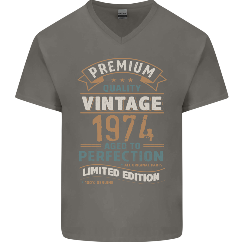 Premium Vintage 49th Birthday 1974 Mens V-Neck Cotton T-Shirt Charcoal