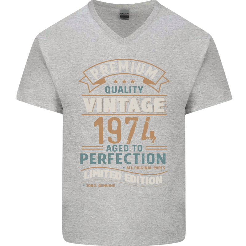 Premium Vintage 49th Birthday 1974 Mens V-Neck Cotton T-Shirt Sports Grey