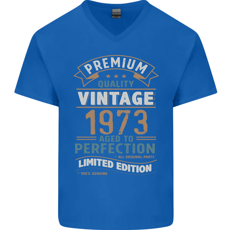 Premium Vintage 50th Birthday 1973 Mens V-Neck Cotton T-Shirt Royal Blue
