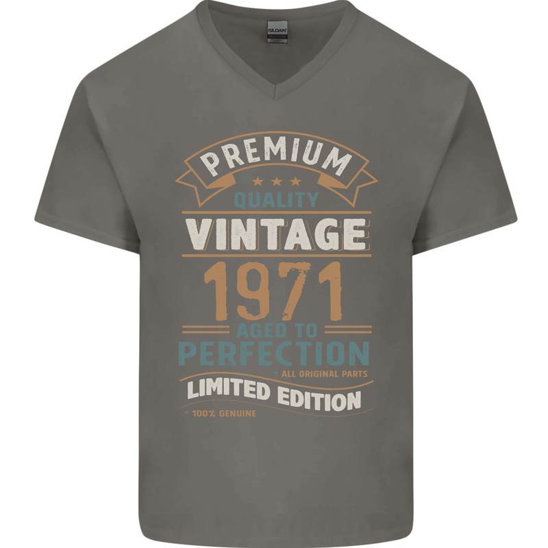 Premium Vintage 52nd Birthday 1971 Mens V-Neck Cotton T-Shirt Charcoal