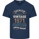 Premium Vintage 52nd Birthday 1971 Mens V-Neck Cotton T-Shirt Navy Blue