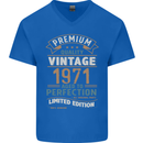 Premium Vintage 52nd Birthday 1971 Mens V-Neck Cotton T-Shirt Royal Blue