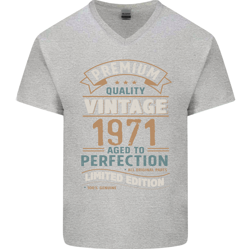 Premium Vintage 52nd Birthday 1971 Mens V-Neck Cotton T-Shirt Sports Grey