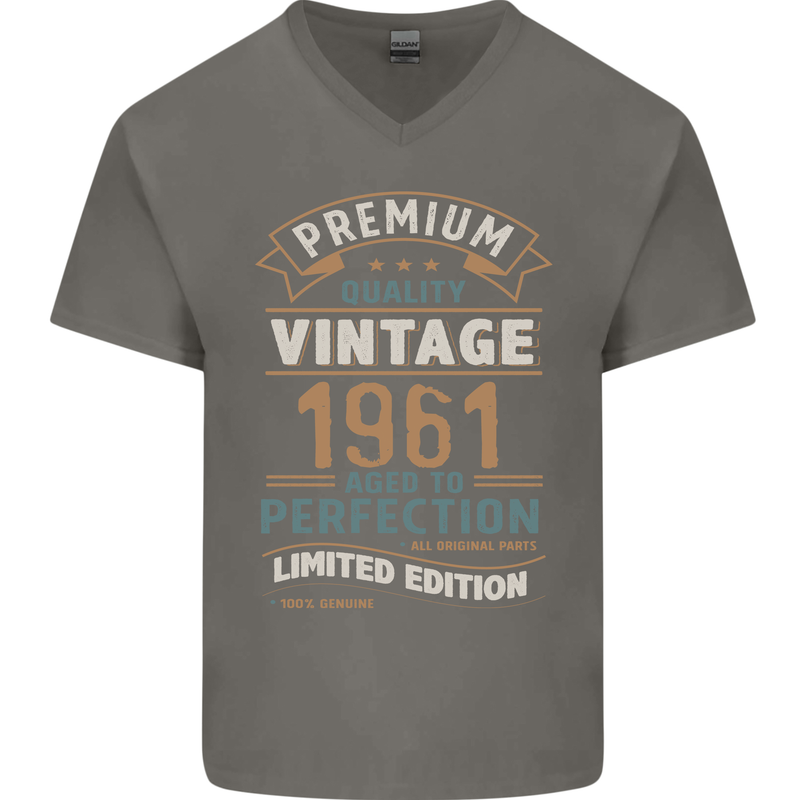 Premium Vintage 62nd Birthday 1961 Mens V-Neck Cotton T-Shirt Charcoal