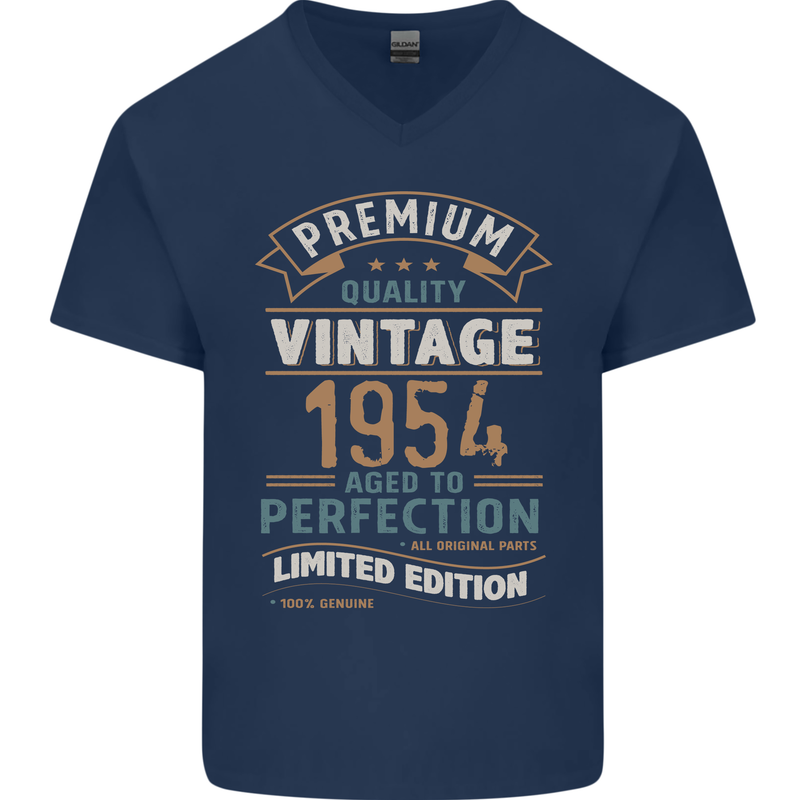 Premium Vintage 69th Birthday 1954 Mens V-Neck Cotton T-Shirt Navy Blue