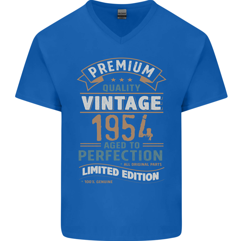 Premium Vintage 69th Birthday 1954 Mens V-Neck Cotton T-Shirt Royal Blue