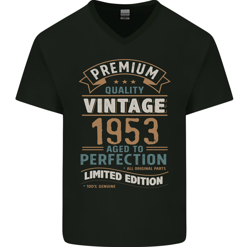 Premium Vintage 70th Birthday 1953 Mens V-Neck Cotton T-Shirt Black