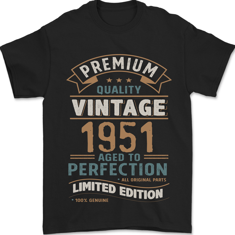 Premium Vintage 72nd Birthday 1951 Mens T-Shirt 100% Cotton Black