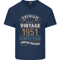 Premium Vintage 72nd Birthday 1951 Mens V-Neck Cotton T-Shirt Navy Blue