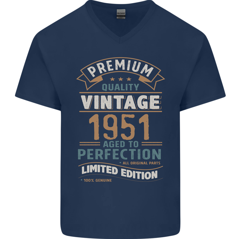 Premium Vintage 72nd Birthday 1951 Mens V-Neck Cotton T-Shirt Navy Blue