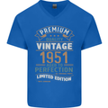 Premium Vintage 72nd Birthday 1951 Mens V-Neck Cotton T-Shirt Royal Blue