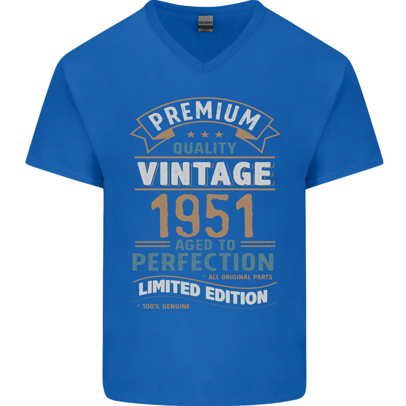 Premium Vintage 72nd Birthday 1951 Mens V-Neck Cotton T-Shirt Royal Blue