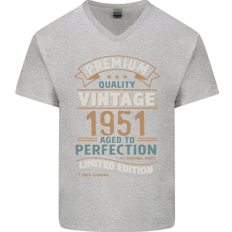 Premium Vintage 72nd Birthday 1951 Mens V-Neck Cotton T-Shirt Sports Grey