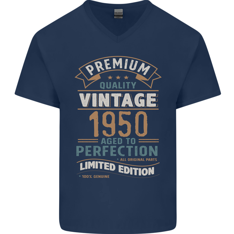 Premium Vintage 73rd Birthday 1950 Mens V-Neck Cotton T-Shirt Navy Blue