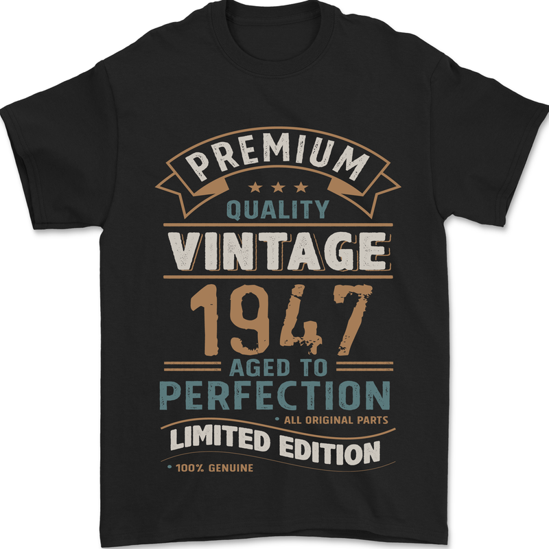 Premium Vintage 76th Birthday 1947 Mens T-Shirt 100% Cotton Black