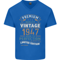 Premium Vintage 76th Birthday 1947 Mens V-Neck Cotton T-Shirt Royal Blue