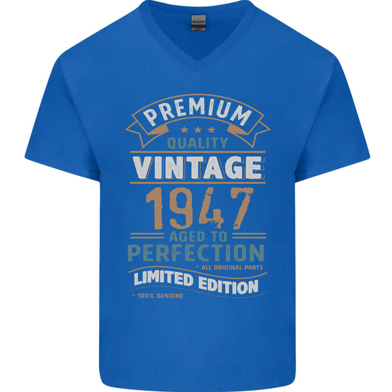 Premium Vintage 76th Birthday 1947 Mens V-Neck Cotton T-Shirt Royal Blue