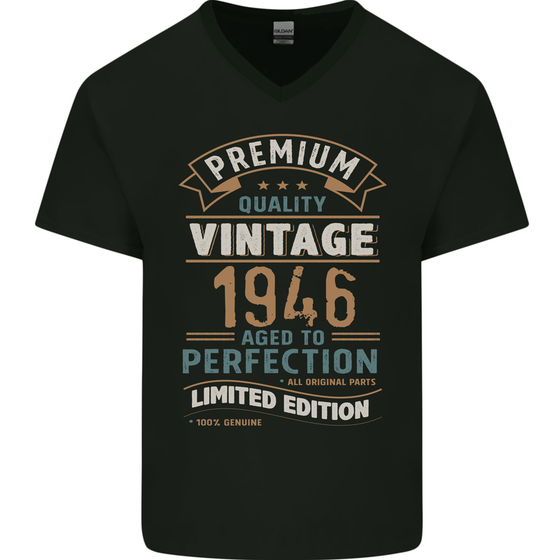 Premium Vintage 77th Birthday 1946 Mens V-Neck Cotton T-Shirt Black