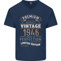 Premium Vintage 77th Birthday 1946 Mens V-Neck Cotton T-Shirt Navy Blue