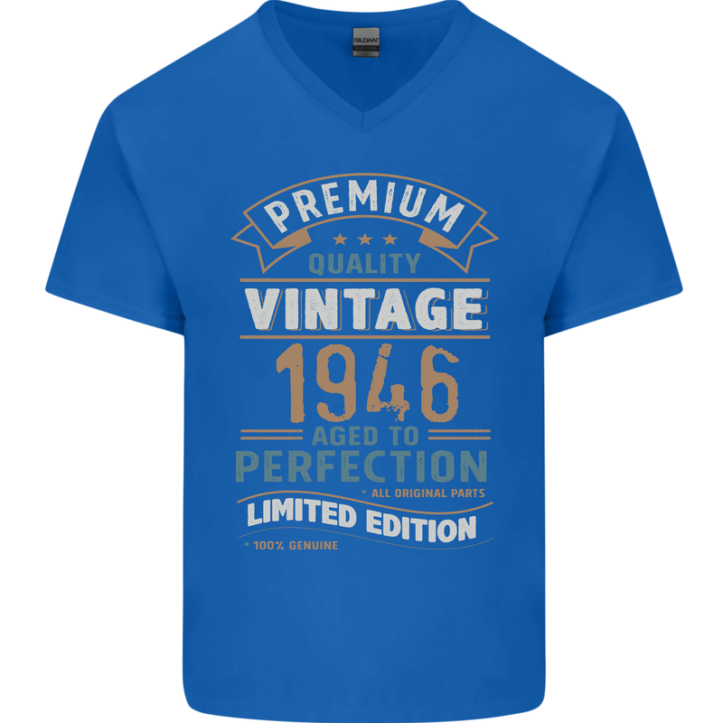 Premium Vintage 77th Birthday 1946 Mens V-Neck Cotton T-Shirt Royal Blue