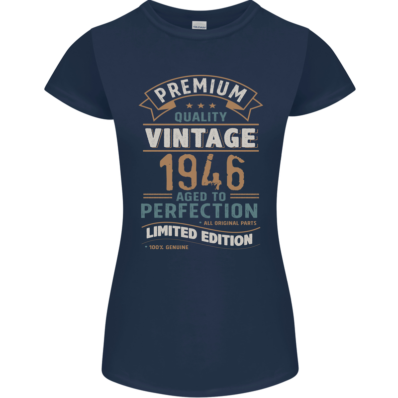 Premium Vintage 77th Birthday 1946 Womens Petite Cut T-Shirt Navy Blue
